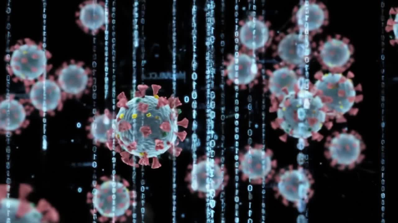 Dynamic Visualization of Virus Particles in a Digital Environment, Showcasing the Intricate Structure and Movement of Microorganisms Amidst Binary Code Representations