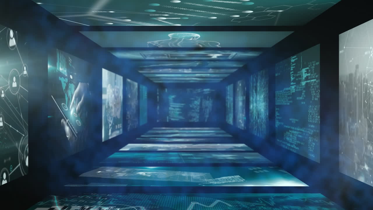 검은 바탕에 화면으로 만들어진 터널에서 생물학적 데이터 처리의 애니메이션