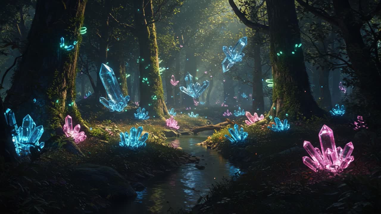 A Mystical Forest Scene Filled with Enchanted Crystals and Vibrant Colors Illuminates the Serenity of Nature, Featuring a Meandering Stream Surrounded by Glittering Gems