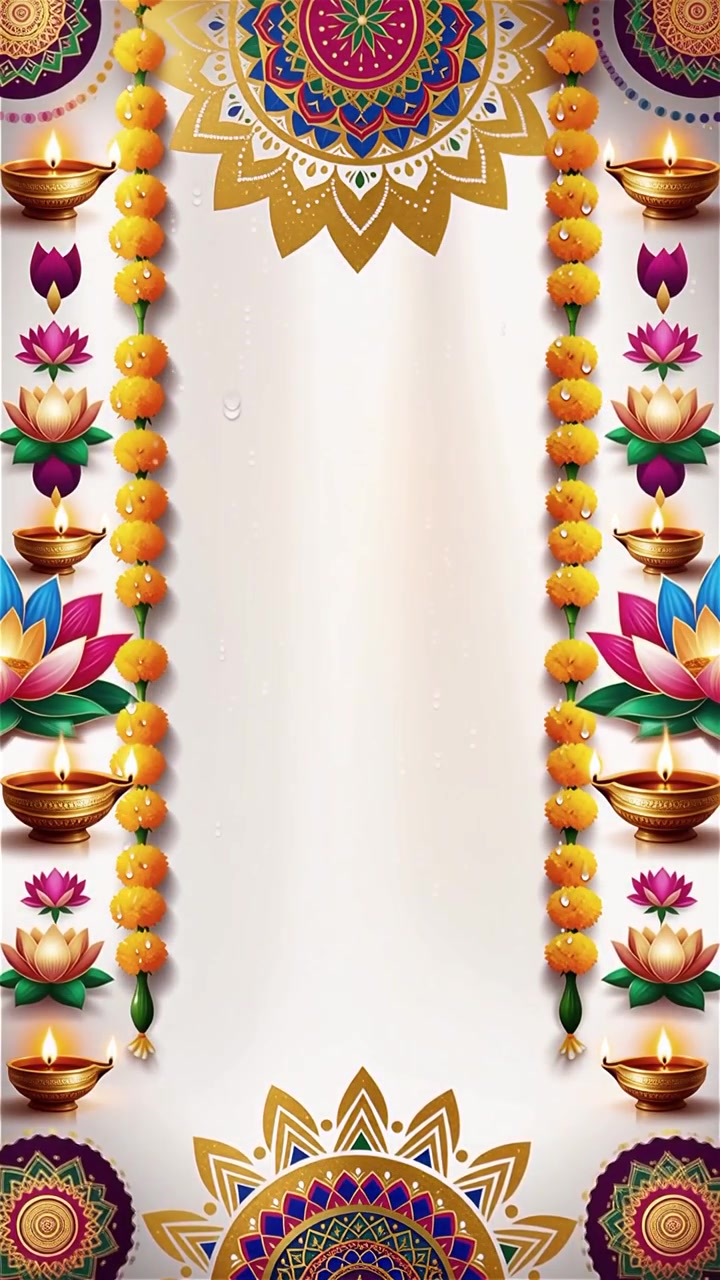 Sfondo Diwali con Diyas luminosi, Rangoli e fiori di loto