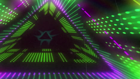 animation of triangular green and pink 3d light display flashing and moving on black background