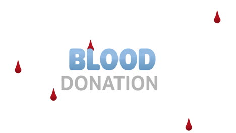 animation of blood donation text and blood drops falling over white background