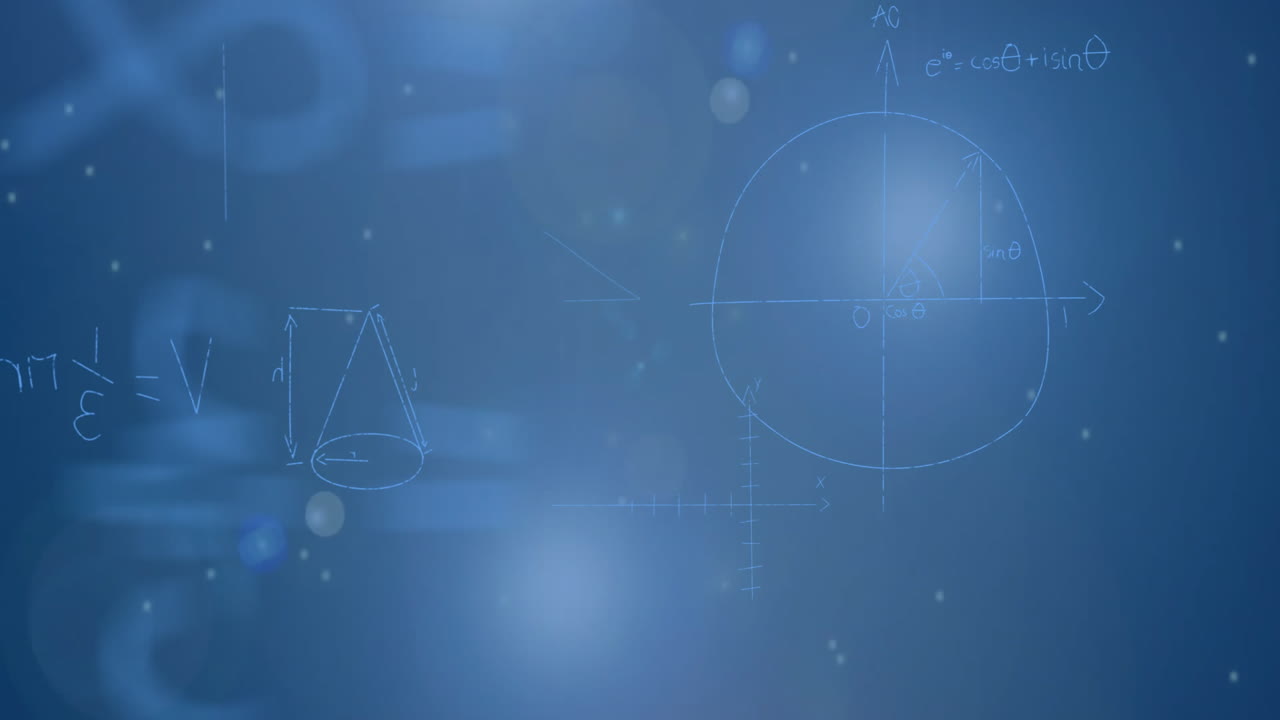 Animating mathematical equations and geometric shapes over blue background with light effects