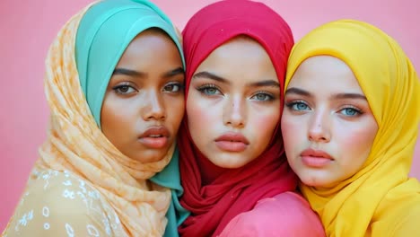 three women wearing colorful headscarves posing for a photo