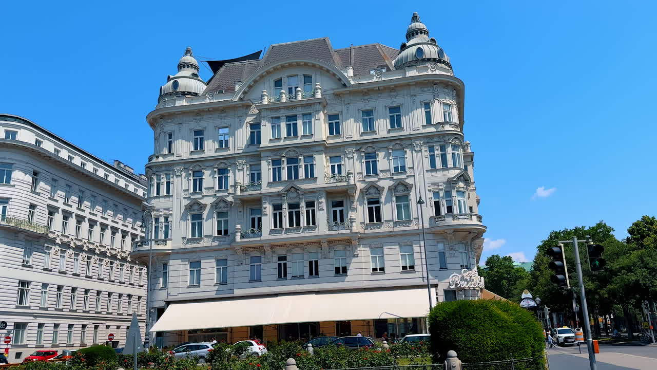 Vienna, Austria - June 9, 2025: Stunning architectural old-style design building in Vienna, Austria. Famous café Prueckel opened since 1903