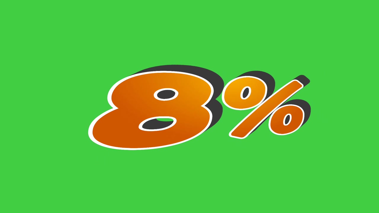 Animazione del simbolo del segno percentuale 8% in stile cartone animato di colore arancione su schermo verde, grafica in movimento percentuale per elemento video di concetto aziendale di sconto