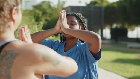 Medium-shot-of-Afro-American-woman-taking-breathe-with-hands