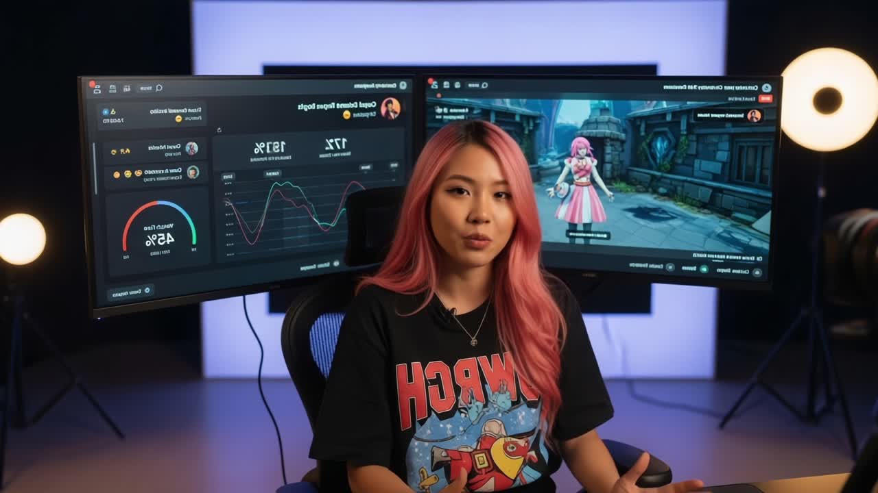 A Content Creator Engaging Viewers in a Live Stream with Multiple Monitors Displaying Analytics and Game Content, Highlighting Interaction and Engagement Metrics