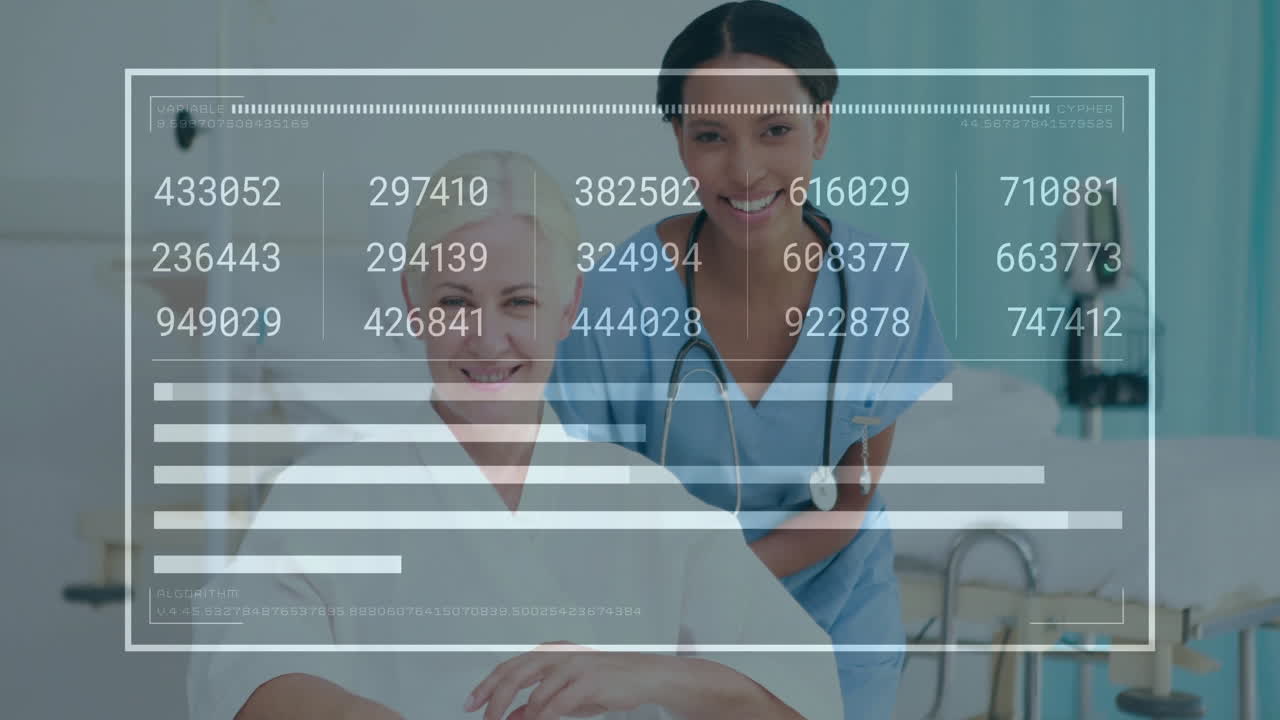 nurse standing behind patient in hospital room, displaying digital interface with codes and graphs