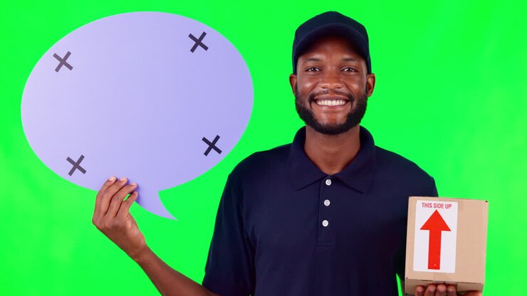 Nuvoletta di dialogo, mockup e un uomo di colore addetto alle consegne