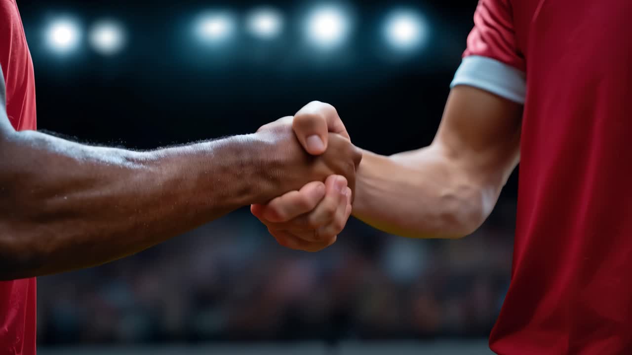 Two athletes shake hands, showing mutual respect. Their arms meet firmly, signaling sportsmanship. The stadium lights shine overhead, illuminating the moment. The crowd fades into the background