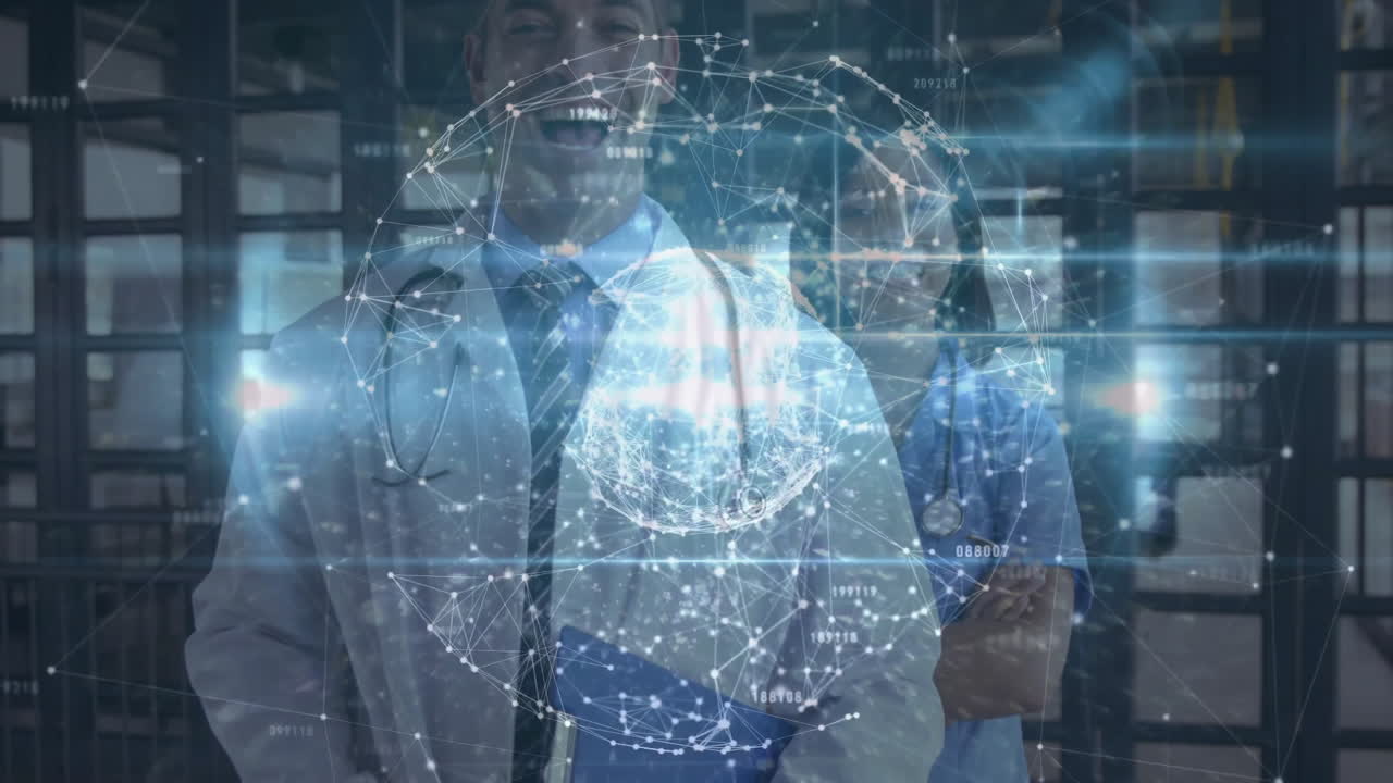 male doctor smiling and female nurse standing in clinic showing medical data network overlay