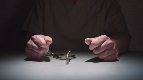 close-up parallax shot of a prisoner's hands as he sits handcuffed to a table in an interrogation room