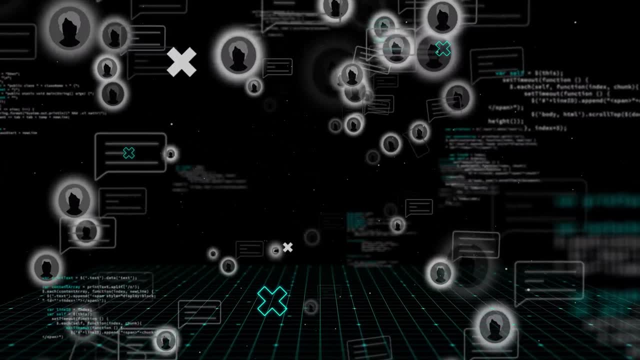 데이터 처리와 함께 검은 바탕에 떠다니는 사용자 아이콘의 애니메이션