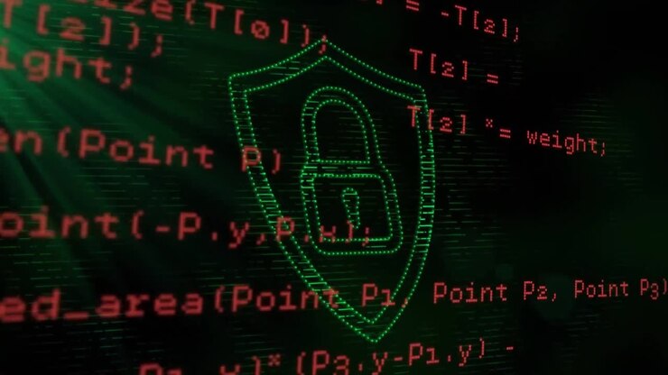 Security padlock icon and data processing against black background