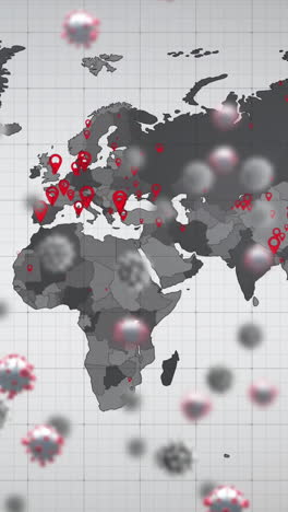 animation of virus cells over world map and grey background