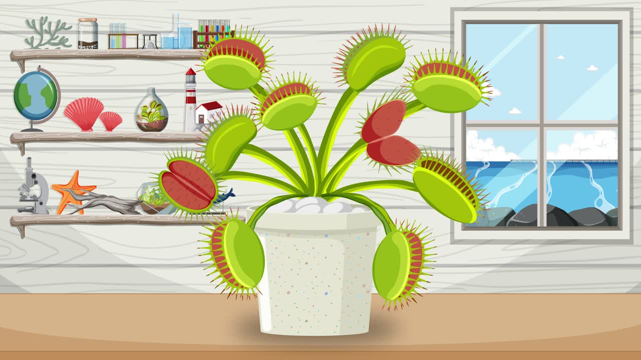 Venus flytrap grows and devours objects indoors.