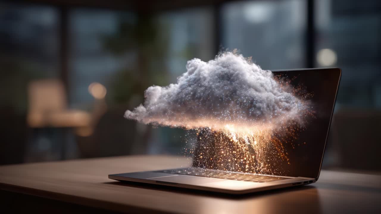 Visualizzazione dinamica di cloud computing: un laptop che mostra un cloud etereo con particelle di luce piovigginose, che rappresenta la trasformazione digitale e la creatività