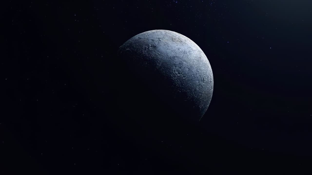 Crescent Moon Rising Against Black Starfield, Detailed Crater Textures And Subtle Rim Lighting, Slow Orbital
