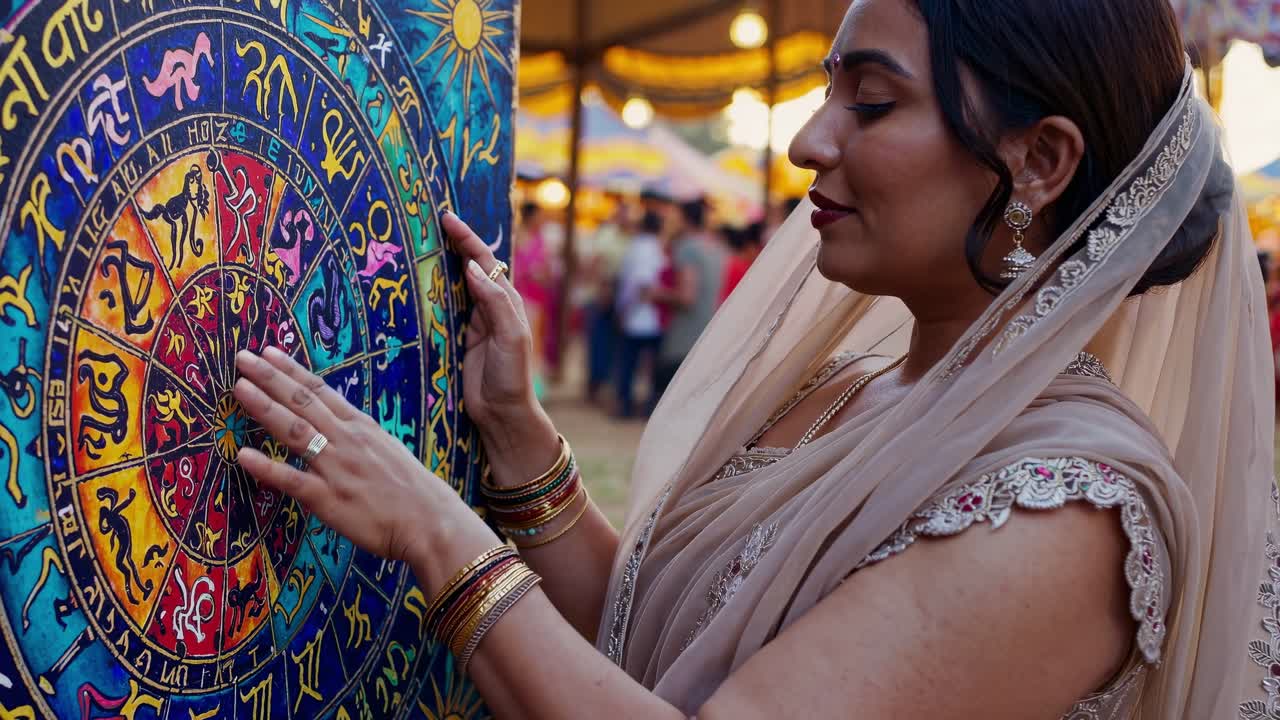 Woman in elegant attire interacts with vibrant astrological chart at a lively outdoor festival, showcasing cultural engagement and personal reflection