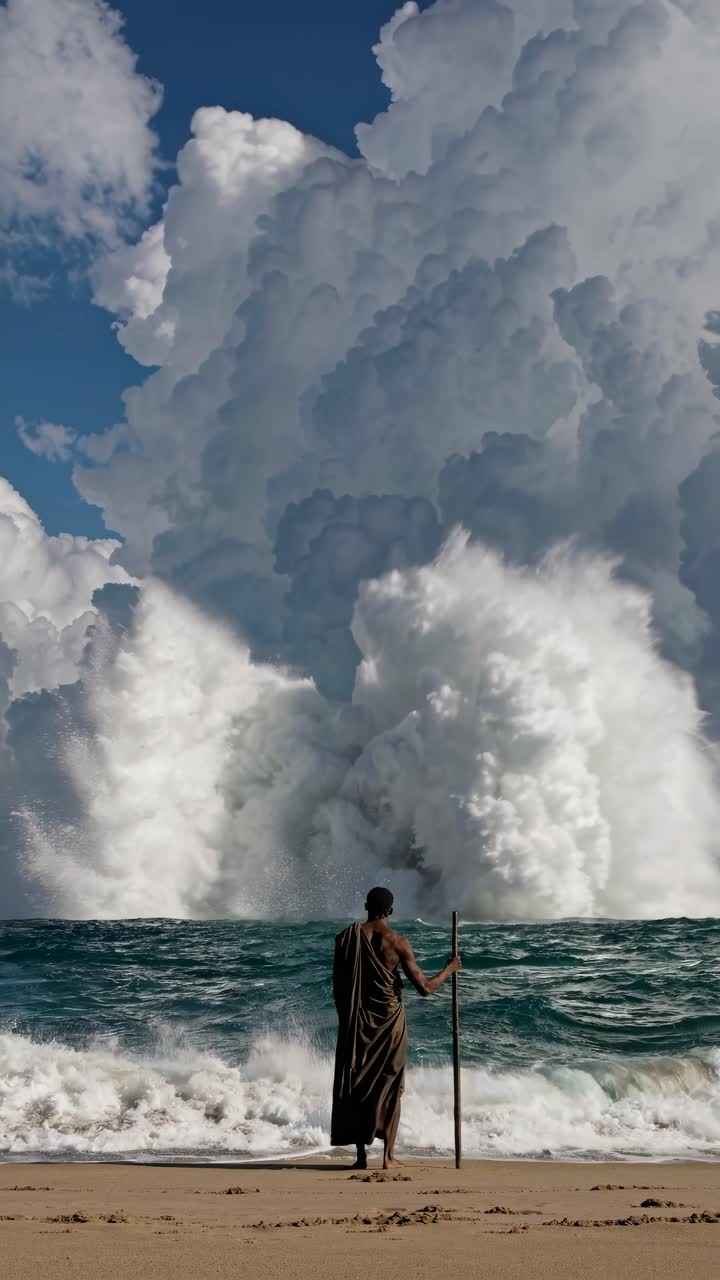 A dramatic video still of a person with a staff facing crashing waves, captured from a low angle