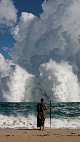 a dramatic video still of a person with a staff facing crashing waves, captured from a low angle