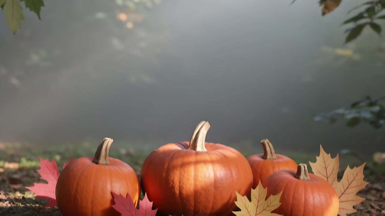 Panning camera revealing cluster of five pumpkins on mossy clearing to highlight autumnal scene