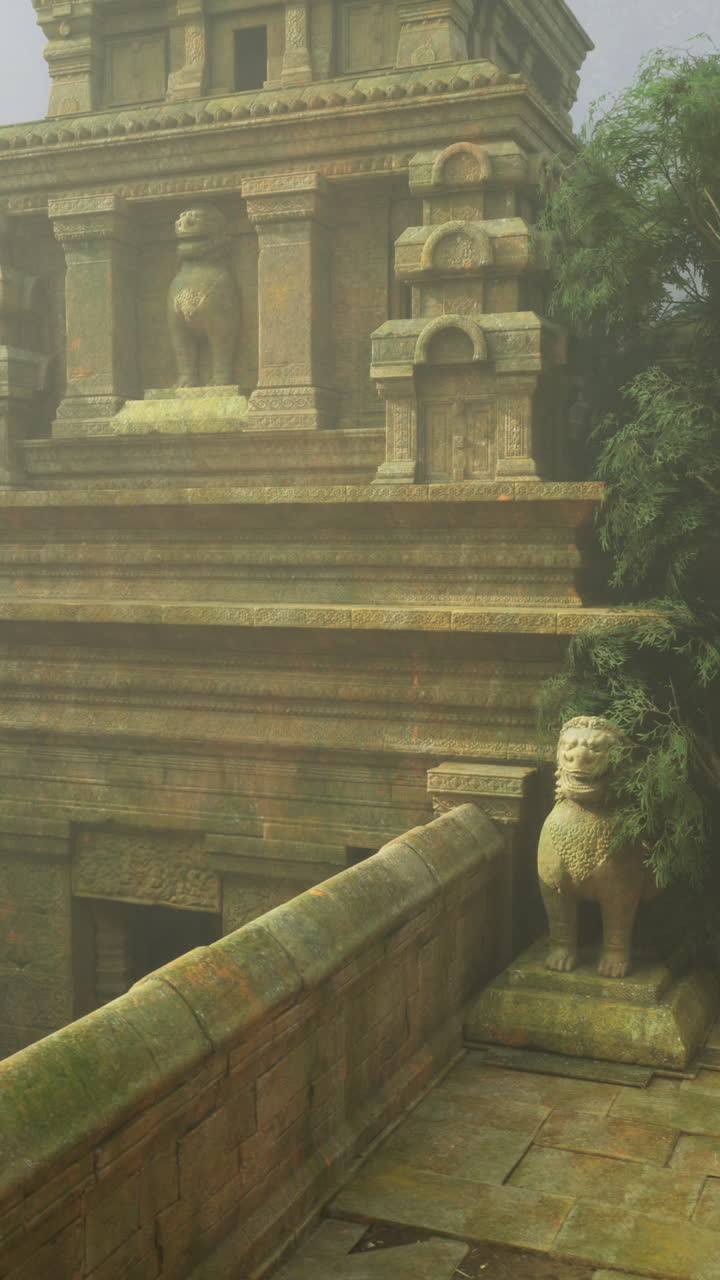 Antico complesso templare circondato da una vegetazione lussureggiante e un’atmosfera nebbiosa