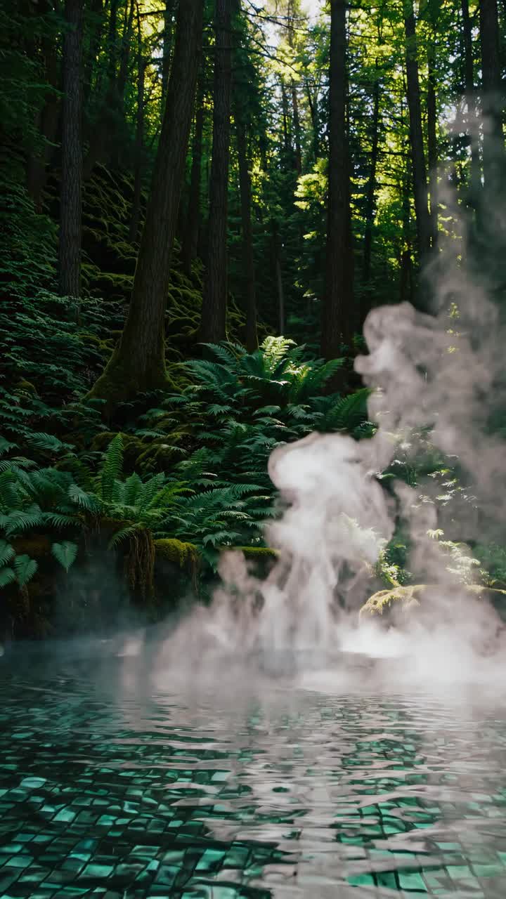 Serene forest hot spring with steam rising, captured from a low angle ...