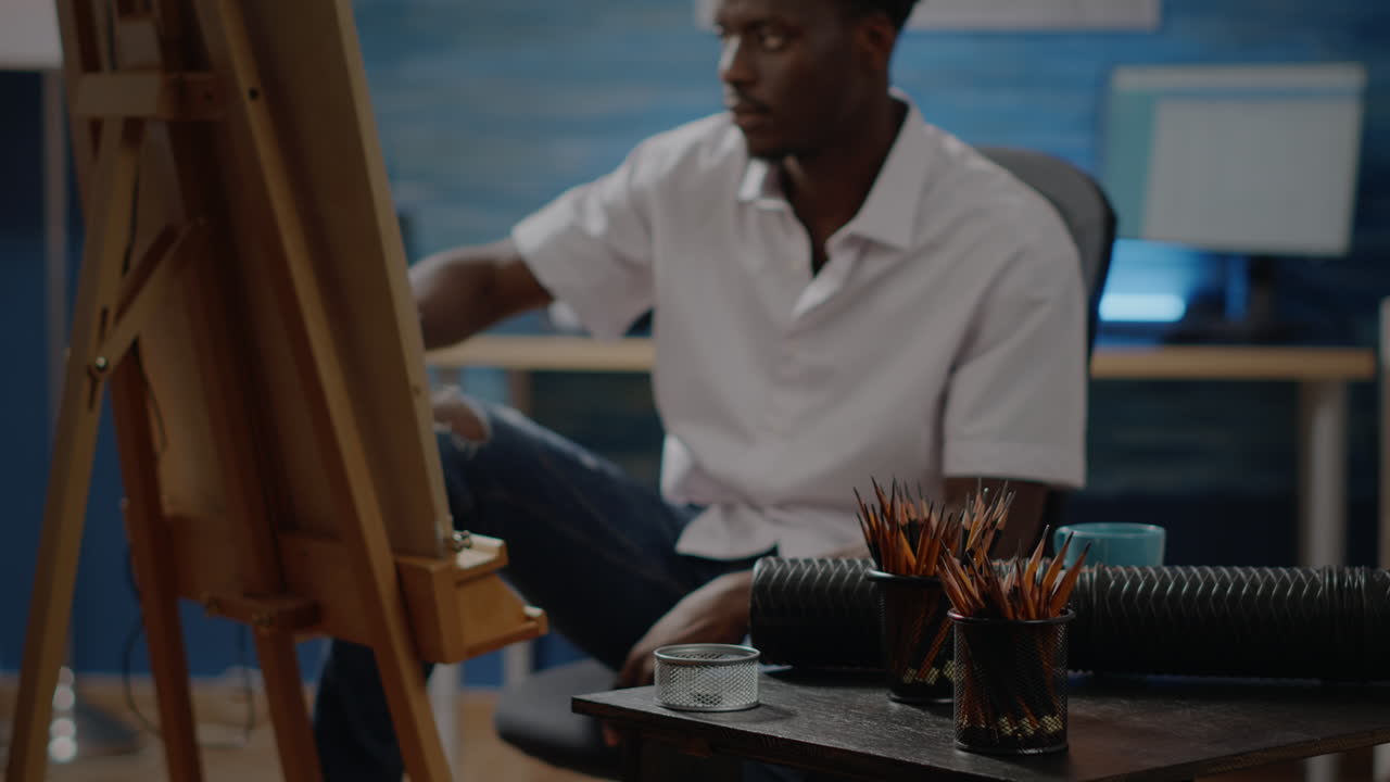 Close up of art instruments on table in artwork room