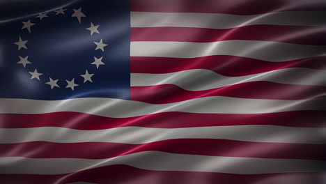 la bandera de betsy ross, la primera bandera oficial estadounidense con los valores básicos estadounidenses, 1776, vista delantera, elegante textura sedosa, ondeando en el viento, animación realista de 4k cg, aspecto cinematográfico, con capacidad de bucle sin costuras