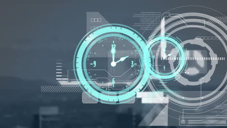 animation of scope scanning and clocks over cityscape