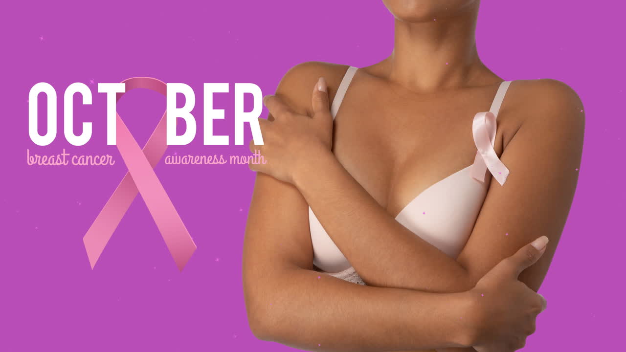 Animation of breast cancer awarness text with biracial woman wearing pink underwear