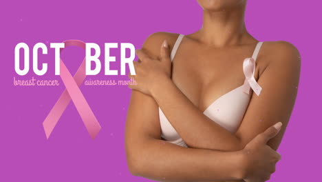 animación de un texto de advertencia de cáncer de mama con una mujer biracial con ropa interior rosa