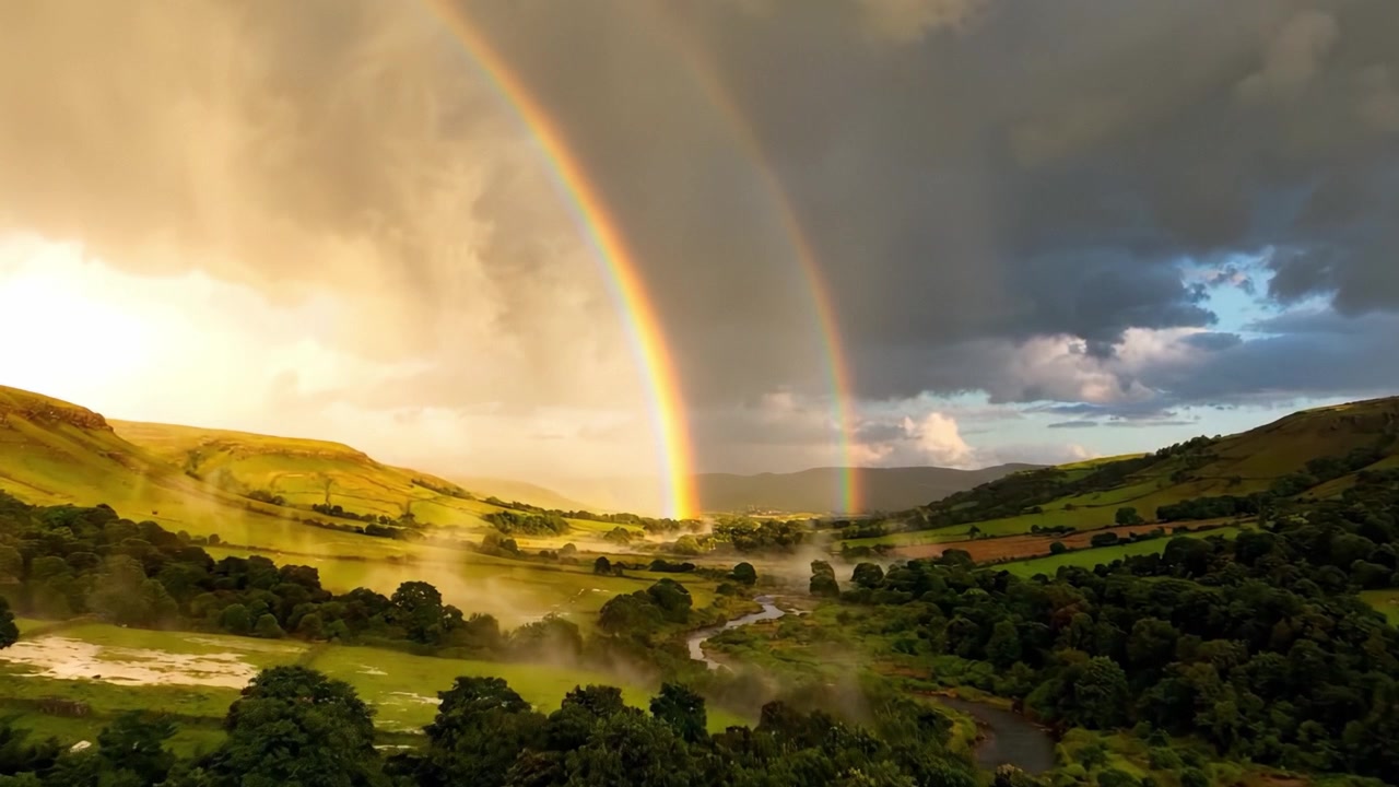 A Breathtaking Landscape Captured Through Time: A Majestic Double Rainbow Arcing Over Lush Green Hills and Misty Valleys