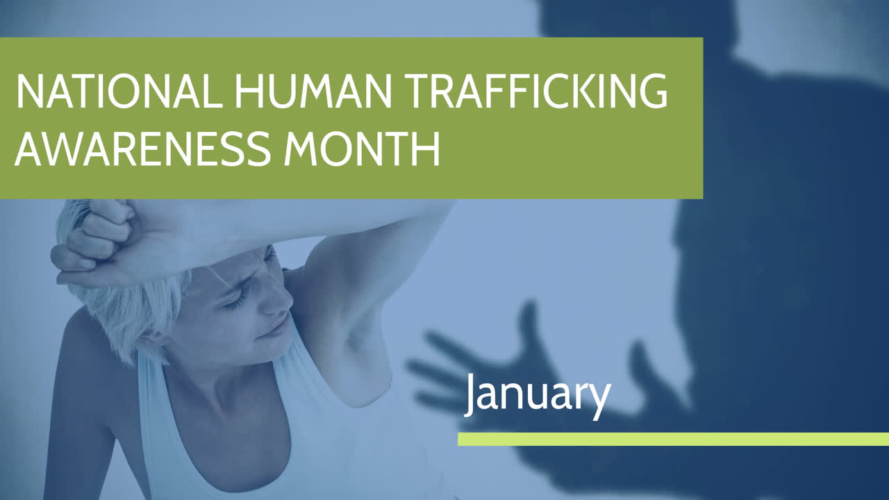 백인 여성과 논쟁하는 남자의 실루 ⁇  위에 있는 인신매매 중단 텍스트의 애니메이션