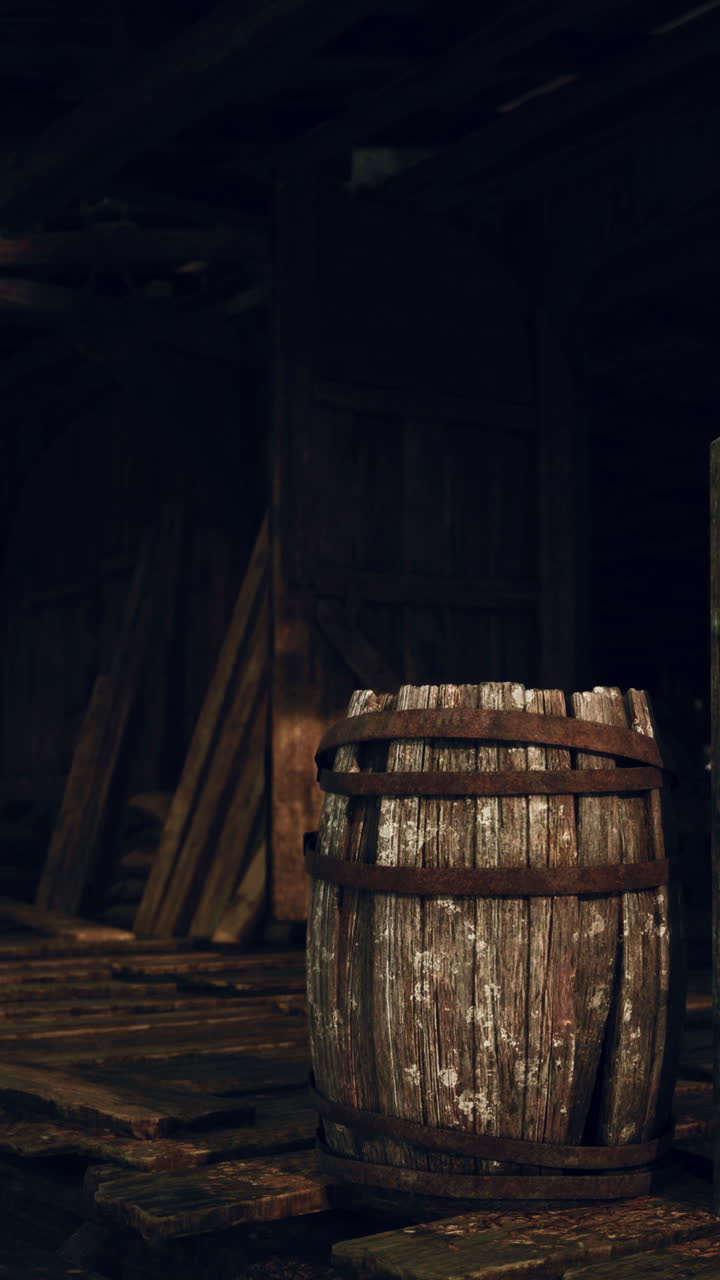 Barril de madera antiguo en un almacén rústico