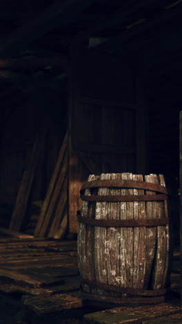 old wooden barrel in a rustic warehouse