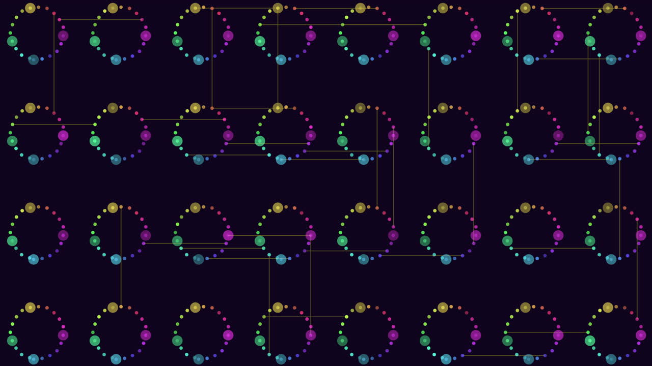 This image displays a colorful spiral pattern made of interconnected circles with different colored lines