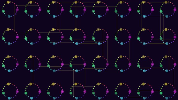 This image displays a colorful spiral pattern made of interconnected circles with different colored lines