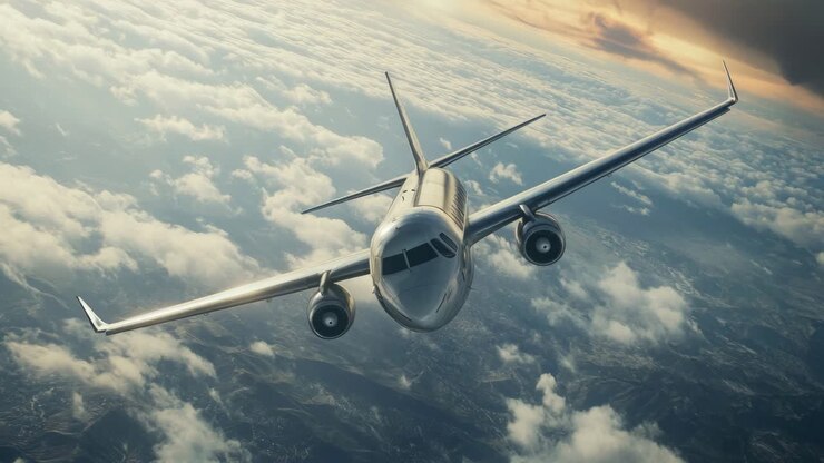 Aerial video of a passenger plane soaring above clouds at sunset, captured from a dynamic low-angle