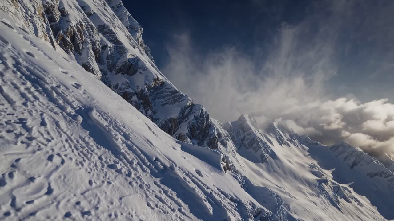 Dynamic video shot from a low angle capturing a snow-covered mountain slope with dramatic clouds