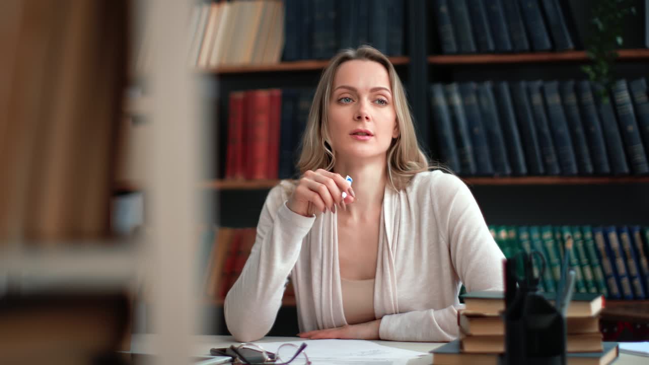 mujer de negocios sonriente trabajando en la sala de la biblioteca lugar de trabajo escribiendo papel carta documento en el escritorio