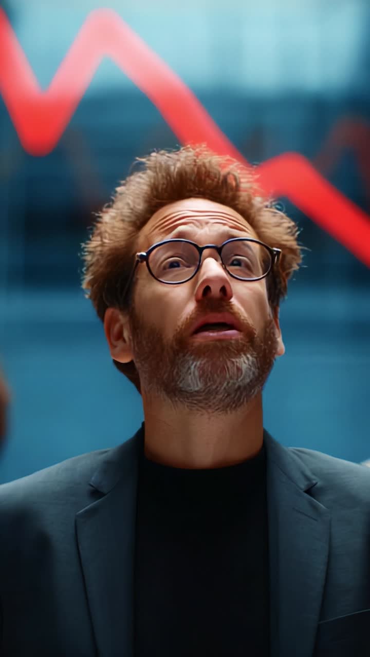 A concerned professional discussing market trends, showcasing expressions of surprise and engagement, emphasizing the volatility in economic indicators through visuals