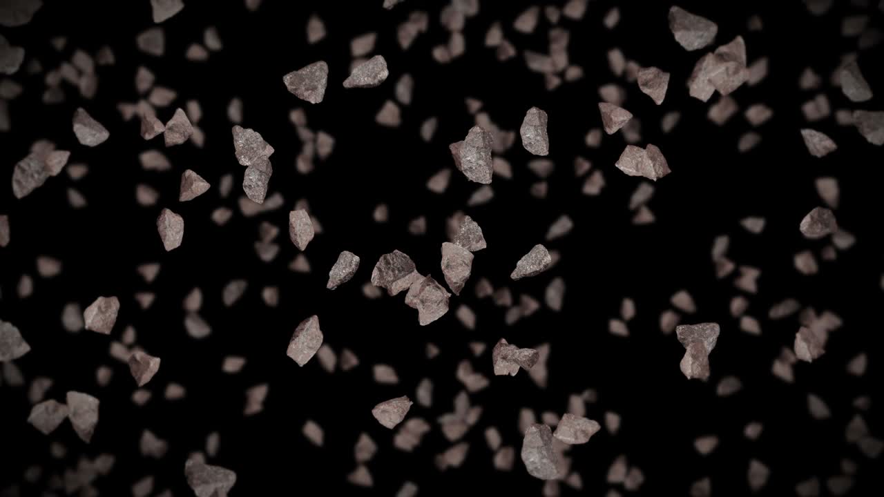검은 바탕에 많은 바위 돌을 날아. 깨진 스플래시 폭발. 도전 개념. 돌 스플래쉬 회전의 3d 애니메이션. 루프 애니메이션.