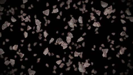 volare molte pietre rocciose su sfondo nero. esplosione di spruzzo rotto. concetto di sfida. animazione 3d di splash di pietra rotante. animazione a loop.