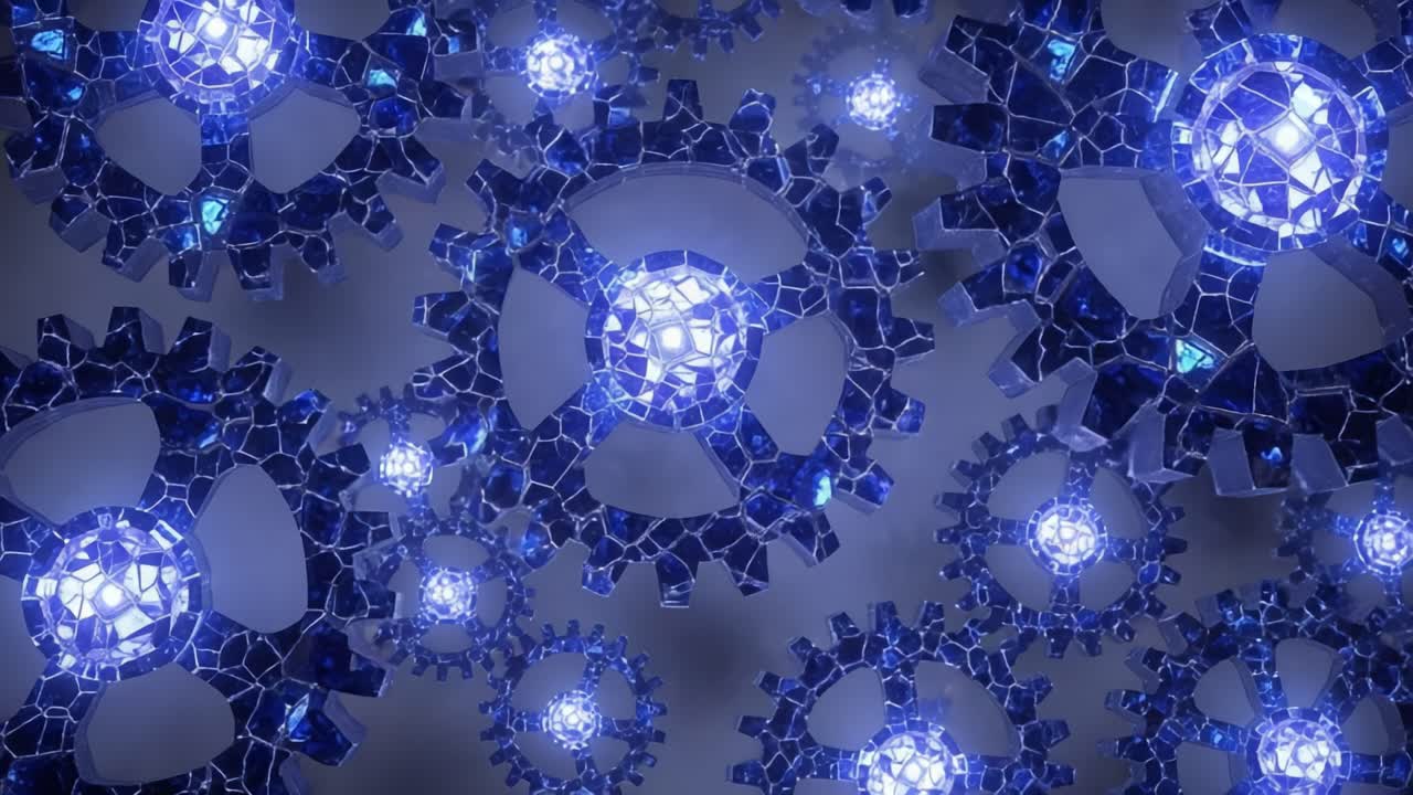 A Mesmerizing Display of Glowing Blue Gears Intertwined with Reflective Elements, Creating a Captivating Futuristic Mechanical Aesthetic and Dynamic Motion Imagery