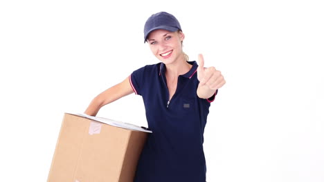 pretty blonde delivery woman smiling at camera