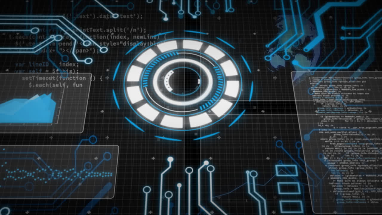 Animation of data processing with scope scanning on black background