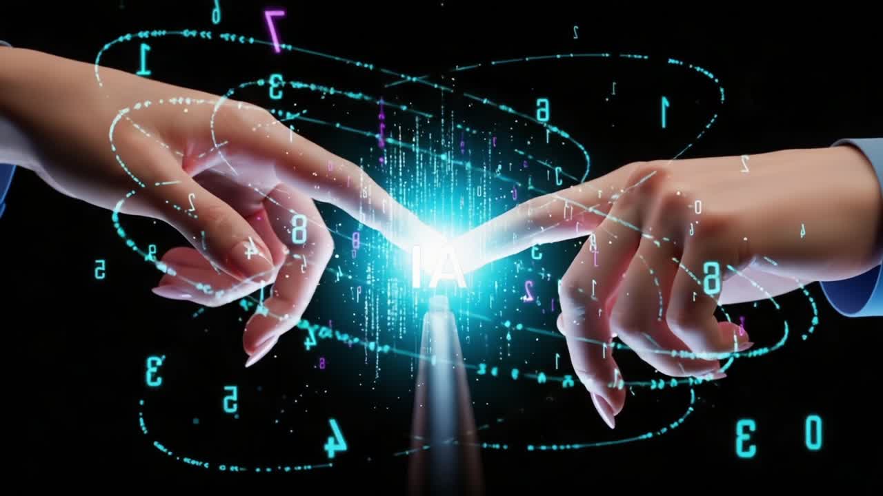 A Futuristic Depiction of Two Hands Reaching Towards Each Other with Light and Data Representing the Connection of Artificial Intelligence and Human Interaction